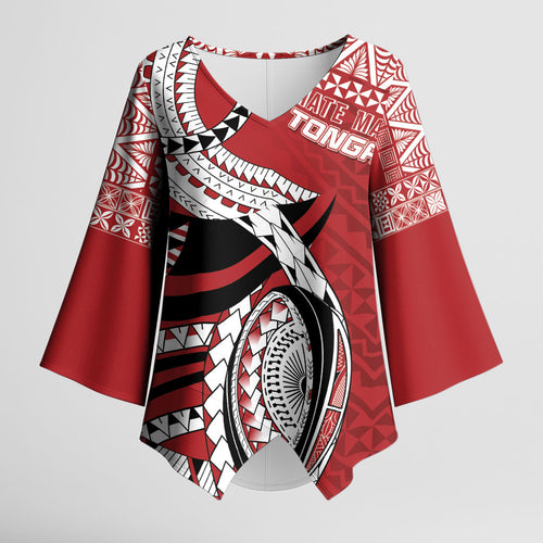 Mate Ma'a Tonga Rugby Custom Kupesi Motifs Kimono Sleeve Blouse Red Waves
