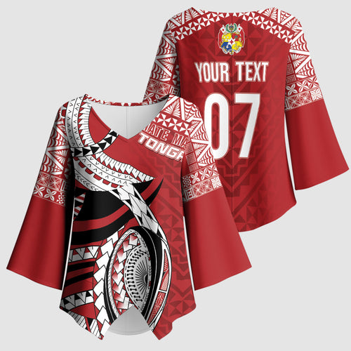 Mate Ma'a Tonga Rugby Custom Kupesi Motifs Kimono Sleeve Blouse Red Waves