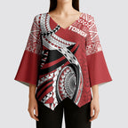 Mate Ma'a Tonga Rugby Custom Kupesi Motifs Kimono Sleeve Blouse Red Waves