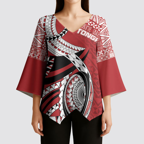 Mate Ma'a Tonga Rugby Custom Kupesi Motifs Kimono Sleeve Blouse Red Waves