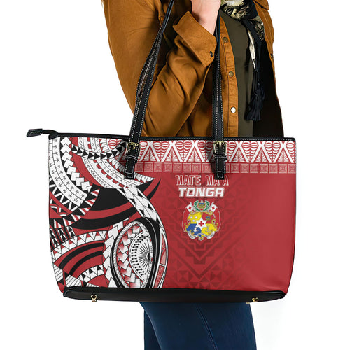 Mate Ma'a Tonga Rugby Kupesi Motifs Leather Tote Bag Red Waves