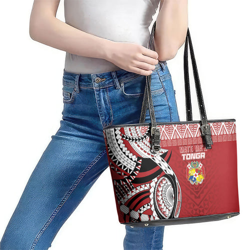Mate Ma'a Tonga Rugby Kupesi Motifs Leather Tote Bag Red Waves