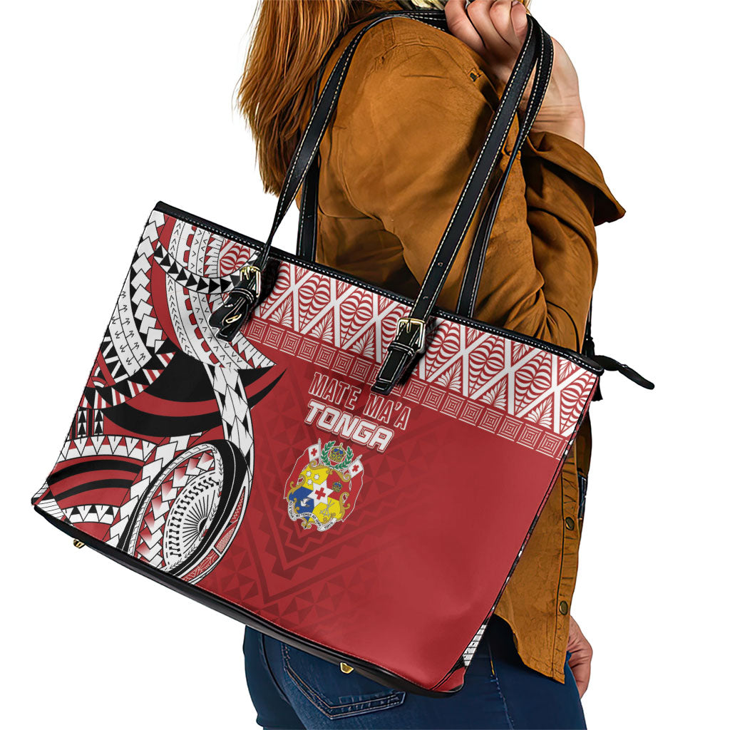 Mate Ma'a Tonga Rugby Kupesi Motifs Leather Tote Bag Red Waves