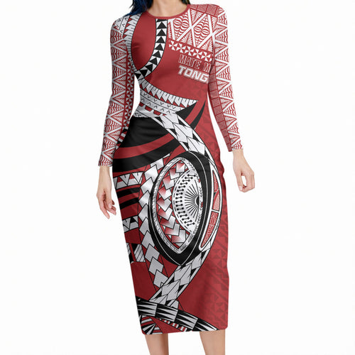 Mate Ma'a Tonga Rugby Custom Kupesi Motifs Long Sleeve Bodycon Dress Red Waves
