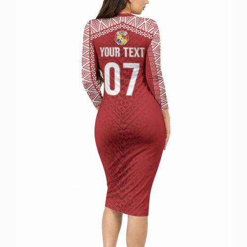 Mate Ma'a Tonga Rugby Custom Kupesi Motifs Long Sleeve Bodycon Dress Red Waves