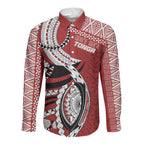 Mate Ma'a Tonga Rugby Custom Kupesi Motifs Long Sleeve Button Shirt Red Waves