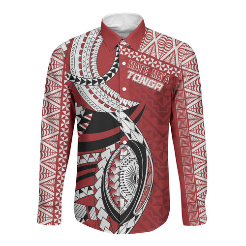 Mate Ma'a Tonga Rugby Custom Kupesi Motifs Long Sleeve Button Shirt Red Waves