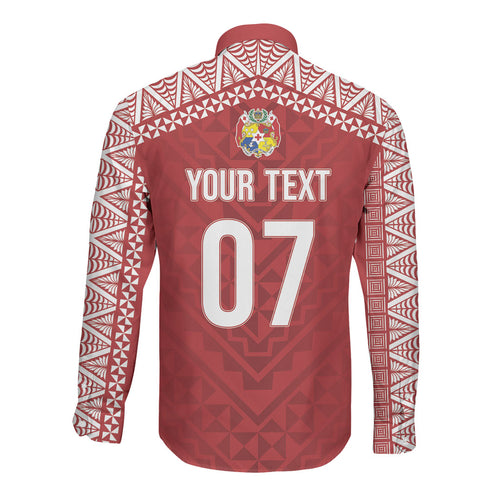 Mate Ma'a Tonga Rugby Custom Kupesi Motifs Long Sleeve Button Shirt Red Waves