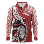 Mate Ma'a Tonga Rugby Custom Kupesi Motifs Long Sleeve Polo Shirt Red Waves