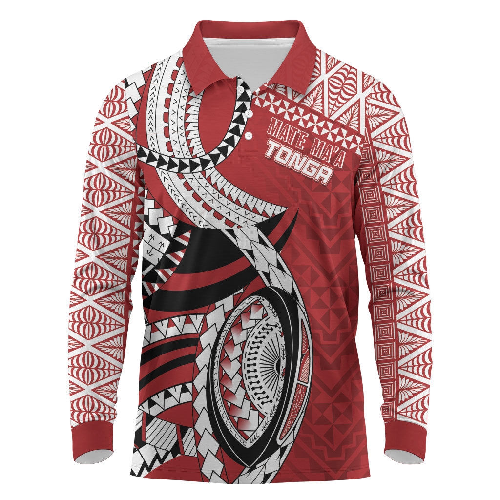 Mate Ma'a Tonga Rugby Custom Kupesi Motifs Long Sleeve Polo Shirt Red Waves