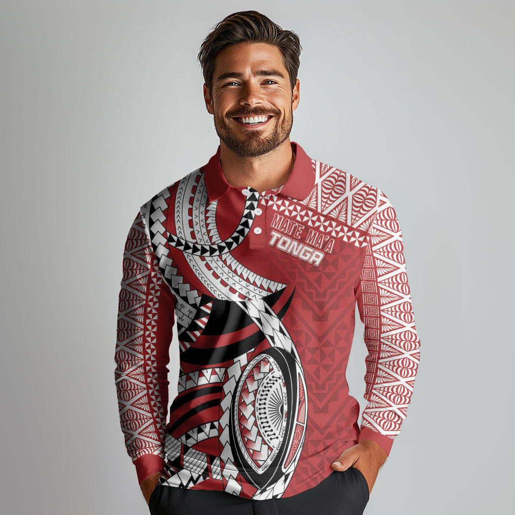 Mate Ma'a Tonga Rugby Custom Kupesi Motifs Long Sleeve Polo Shirt Red Waves