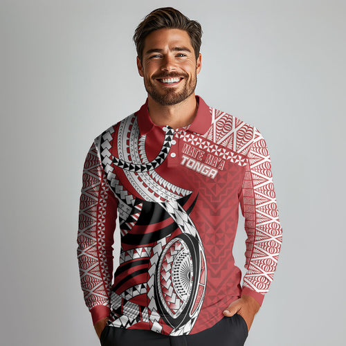 Mate Ma'a Tonga Rugby Custom Kupesi Motifs Long Sleeve Polo Shirt Red Waves