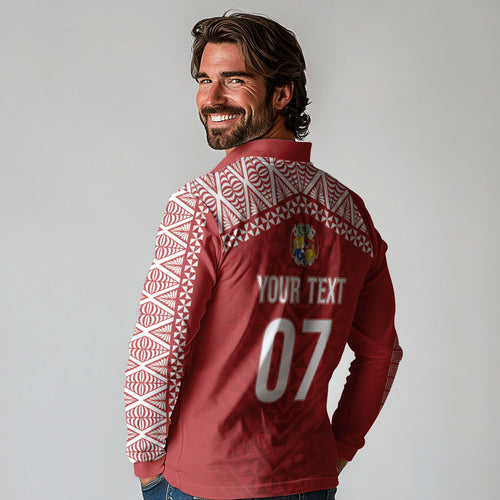 Mate Ma'a Tonga Rugby Custom Kupesi Motifs Long Sleeve Polo Shirt Red Waves