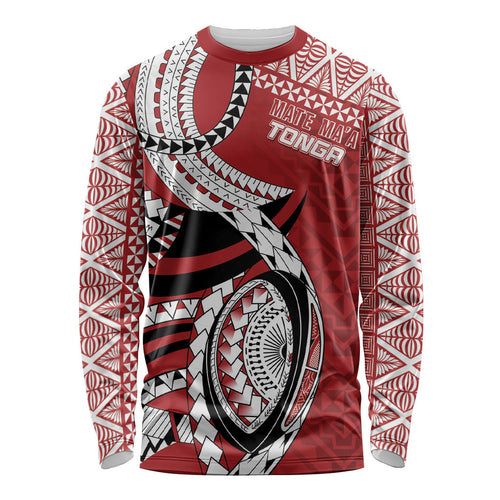 Mate Ma'a Tonga Rugby Custom Kupesi Motifs Long Sleeve Shirt Red Waves