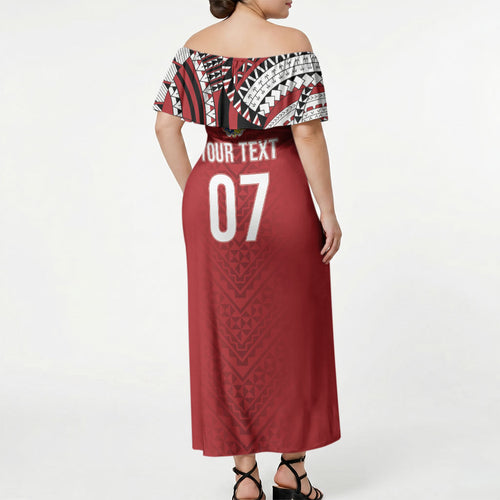 Mate Ma'a Tonga Rugby Custom Kupesi Motifs Off Shoulder Maxi Dress Red Waves