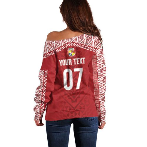 Mate Ma'a Tonga Rugby Custom Kupesi Motifs Off Shoulder Sweater Red Waves