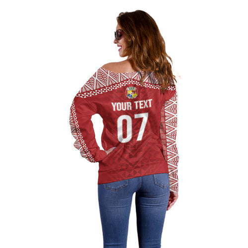 Mate Ma'a Tonga Rugby Custom Kupesi Motifs Off Shoulder Sweater Red Waves