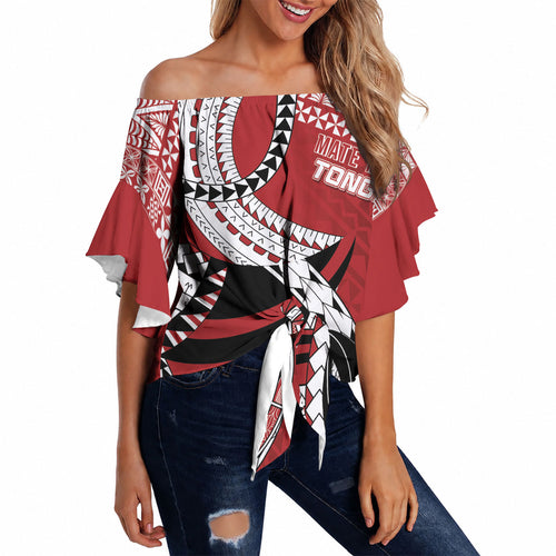 Mate Ma'a Tonga Rugby Custom Kupesi Motifs Off Shoulder Wrap Waist Top Red Waves