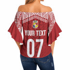 Mate Ma'a Tonga Rugby Custom Kupesi Motifs Off Shoulder Wrap Waist Top Red Waves