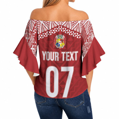 Mate Ma'a Tonga Rugby Custom Kupesi Motifs Off Shoulder Wrap Waist Top Red Waves