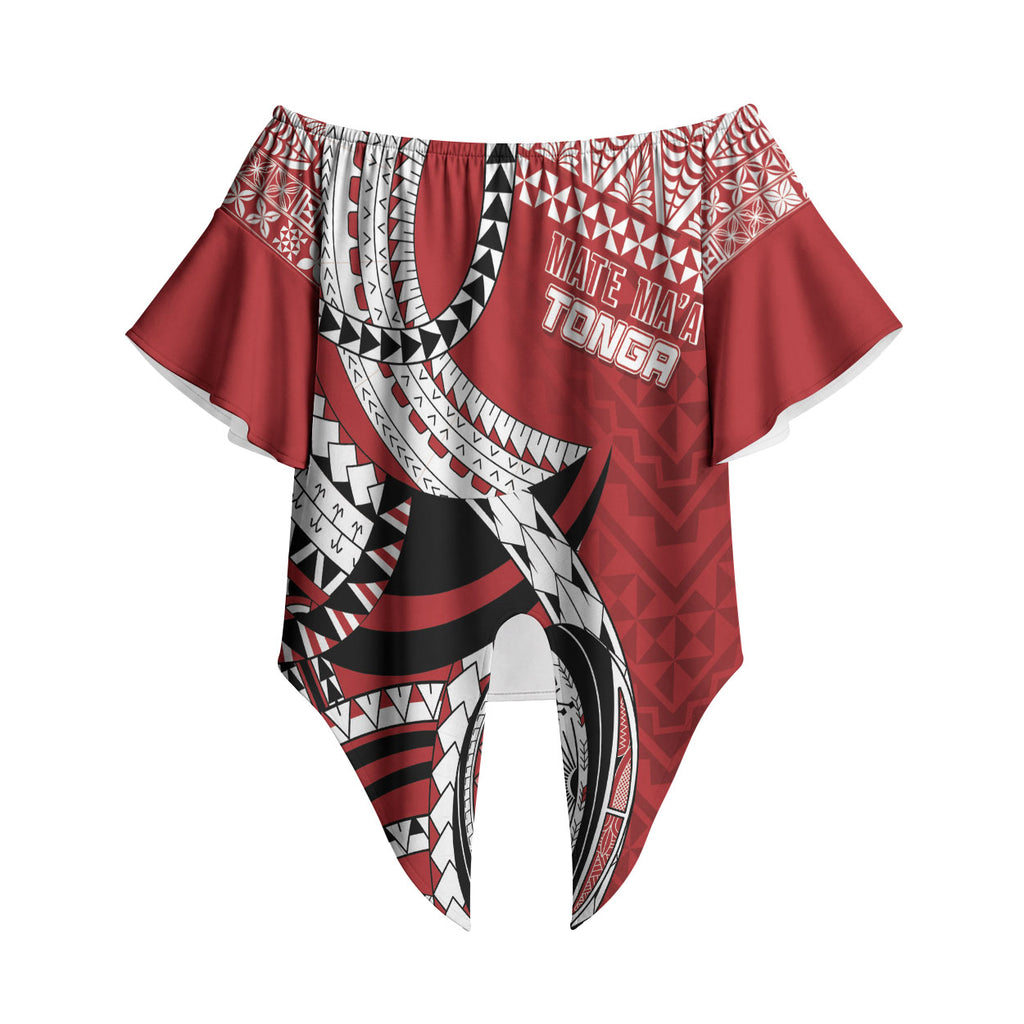 Mate Ma'a Tonga Rugby Custom Kupesi Motifs Off Shoulder Wrap Waist Top Red Waves