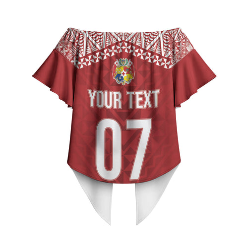 Mate Ma'a Tonga Rugby Custom Kupesi Motifs Off Shoulder Wrap Waist Top Red Waves