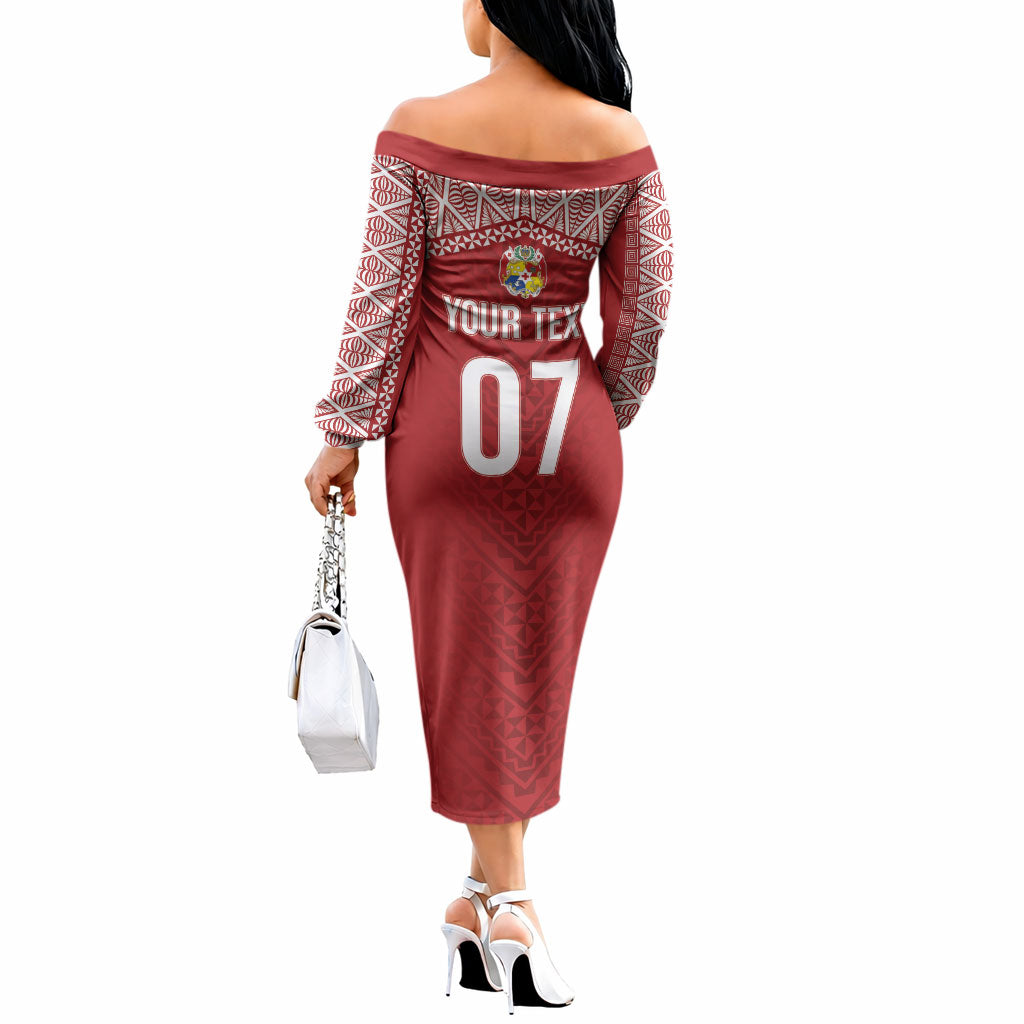 Mate Ma'a Tonga Rugby Custom Kupesi Motifs Off The Shoulder Long Sleeve Dress Red Waves