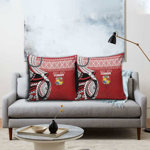 Mate Ma'a Tonga Rugby Kupesi Motifs Pillow Cover Red Waves
