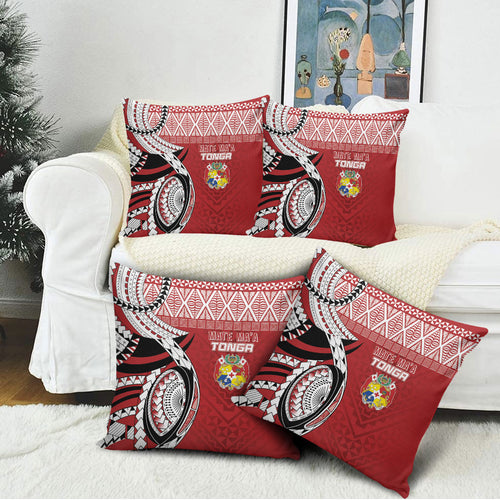 Mate Ma'a Tonga Rugby Kupesi Motifs Pillow Cover Red Waves