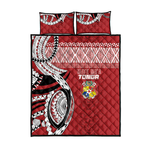 Mate Ma'a Tonga Rugby Kupesi Motifs Quilt Bed Set Red Waves