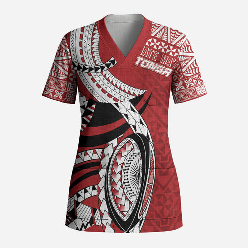 Mate Ma'a Tonga Rugby Custom Kupesi Motifs Scrub Top Red Waves