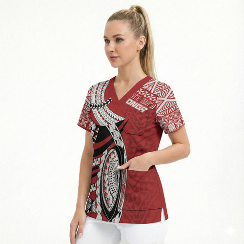 Mate Ma'a Tonga Rugby Custom Kupesi Motifs Scrub Top Red Waves