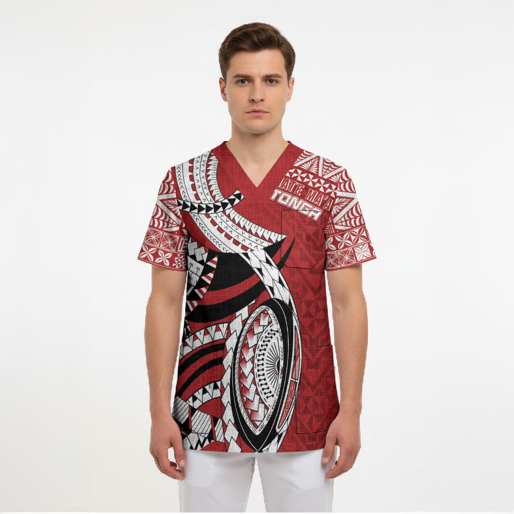 Mate Ma'a Tonga Rugby Custom Kupesi Motifs Scrub Top Red Waves