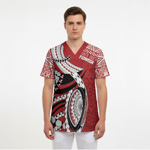 Mate Ma'a Tonga Rugby Custom Kupesi Motifs Scrub Top Red Waves