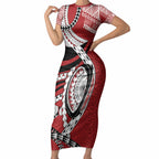 Mate Ma'a Tonga Rugby Custom Kupesi Motifs Short Sleeve Bodycon Dress Red Waves