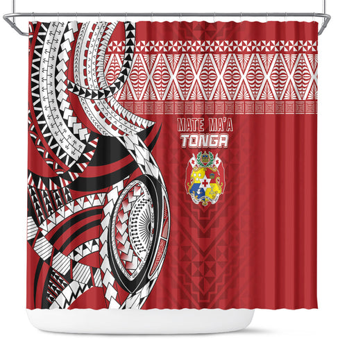 Mate Ma'a Tonga Rugby Kupesi Motifs Shower Curtain Red Waves