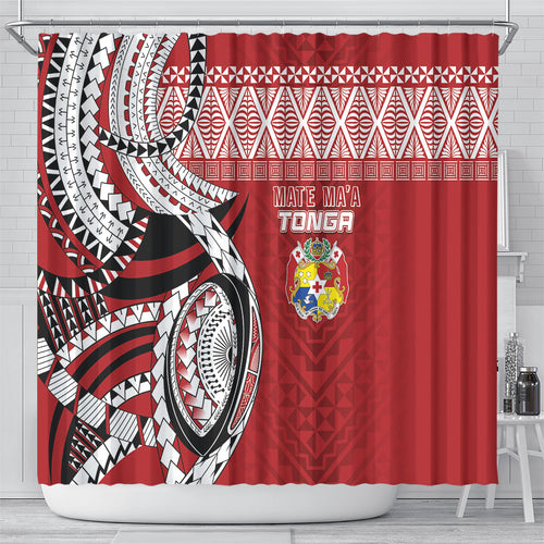 Mate Ma'a Tonga Rugby Kupesi Motifs Shower Curtain Red Waves