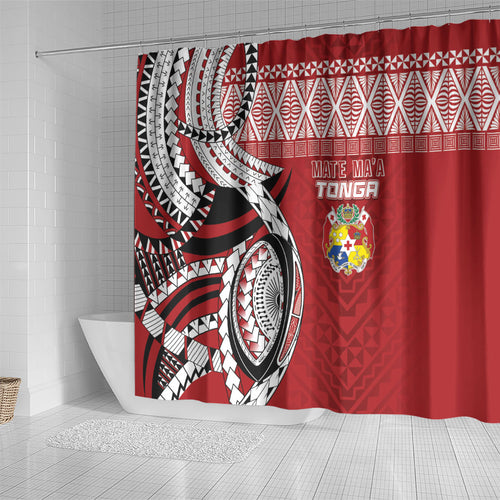 Mate Ma'a Tonga Rugby Kupesi Motifs Shower Curtain Red Waves