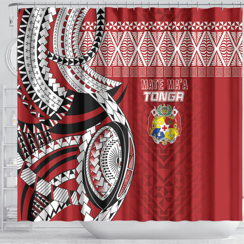 Mate Ma'a Tonga Rugby Kupesi Motifs Shower Curtain Red Waves