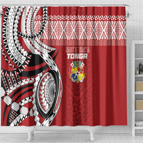 Mate Ma'a Tonga Rugby Kupesi Motifs Shower Curtain Red Waves