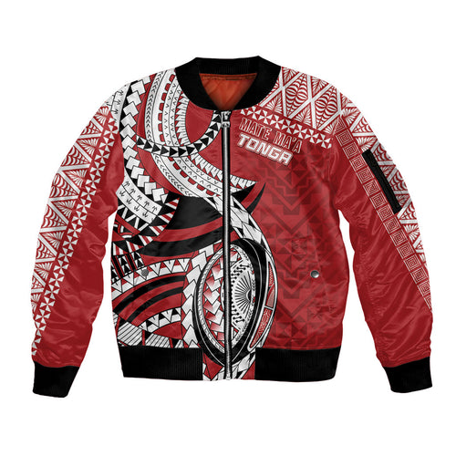 Mate Ma'a Tonga Rugby Custom Kupesi Motifs Sleeve Zip Bomber Jacket Red Waves