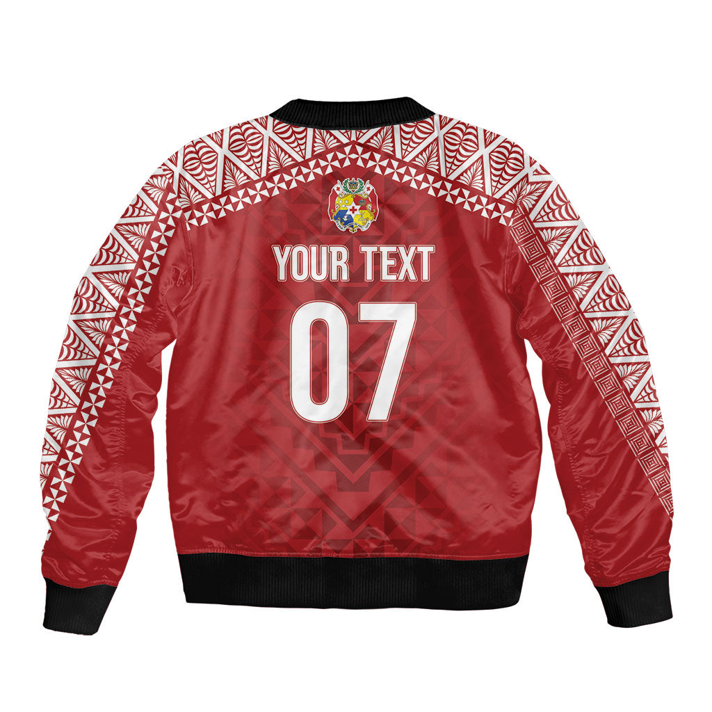 Mate Ma'a Tonga Rugby Custom Kupesi Motifs Sleeve Zip Bomber Jacket Red Waves