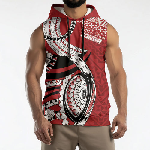 Mate Ma'a Tonga Rugby Custom Kupesi Motifs Sleeveless Hoodie Red Waves