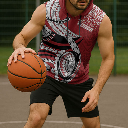Mate Ma'a Tonga Rugby Custom Kupesi Motifs Sleeveless Hoodie Red Waves