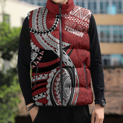 Mate Ma'a Tonga Rugby Custom Kupesi Motifs Sleeveless Puffer Jacket Red Waves