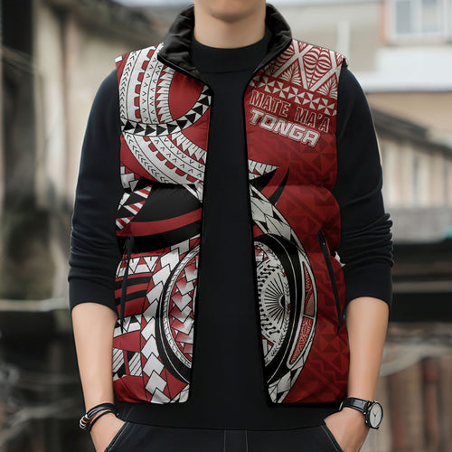 Mate Ma'a Tonga Rugby Custom Kupesi Motifs Sleeveless Puffer Jacket Red Waves
