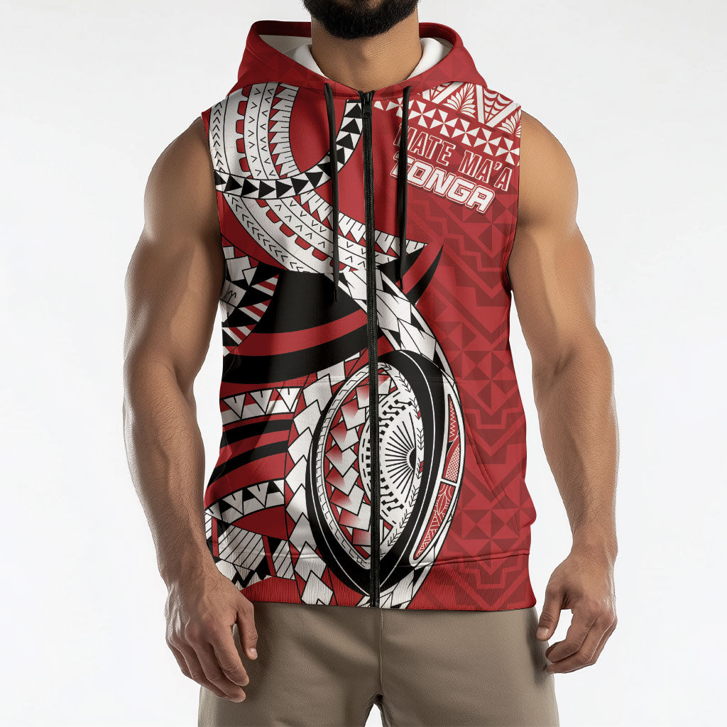 Mate Ma'a Tonga Rugby Custom Kupesi Motifs Sleeveless Zip Hoodie Red Waves