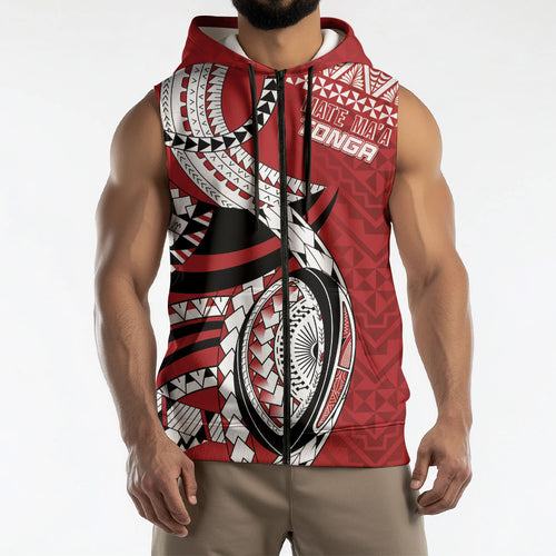 Mate Ma'a Tonga Rugby Custom Kupesi Motifs Sleeveless Zip Hoodie Red Waves