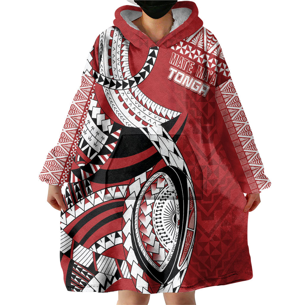 Mate Ma'a Tonga Rugby Custom Kupesi Motifs Wearable Blanket Hoodie Red Waves