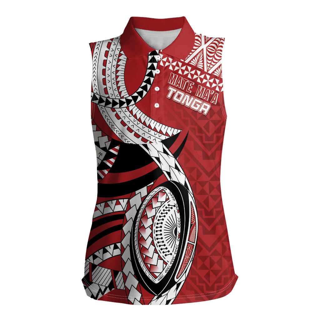 Mate Ma'a Tonga Rugby Custom Kupesi Motifs Women Sleeveless Polo Shirt Red Waves
